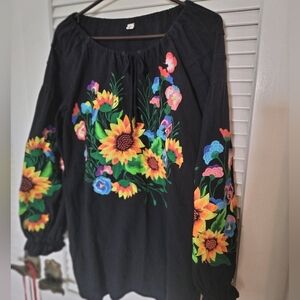 YZXDORWJ Floral Embroidered Black 100% Cotton Gauze Tunic XL-2X